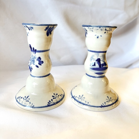 Blue + white Dutch delft style ceramic candlesticks / candle holders - Picture 1 of 6